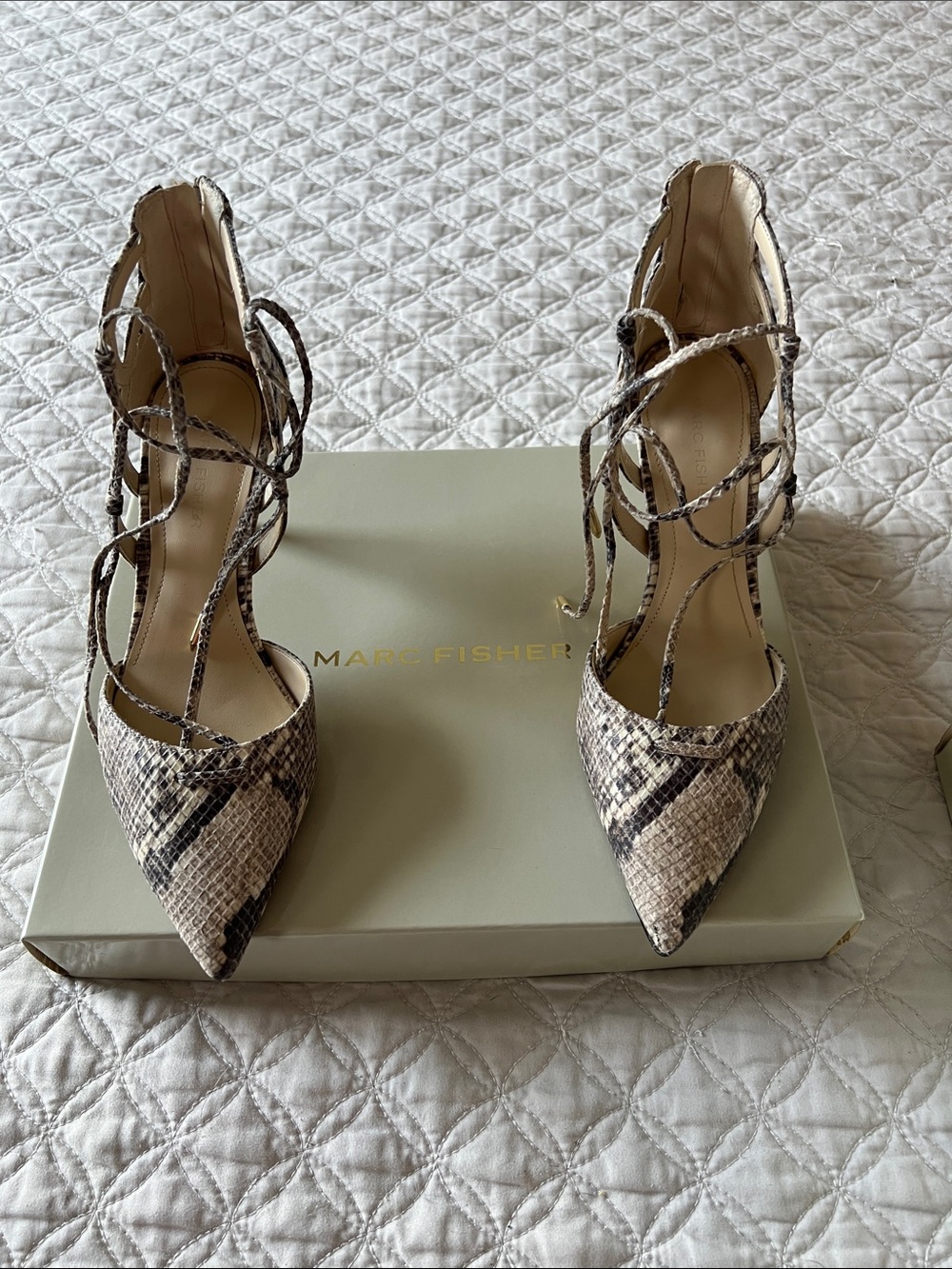Marc Fisher Taupe and Black Snake-Print Lace-Up Pointed Heels